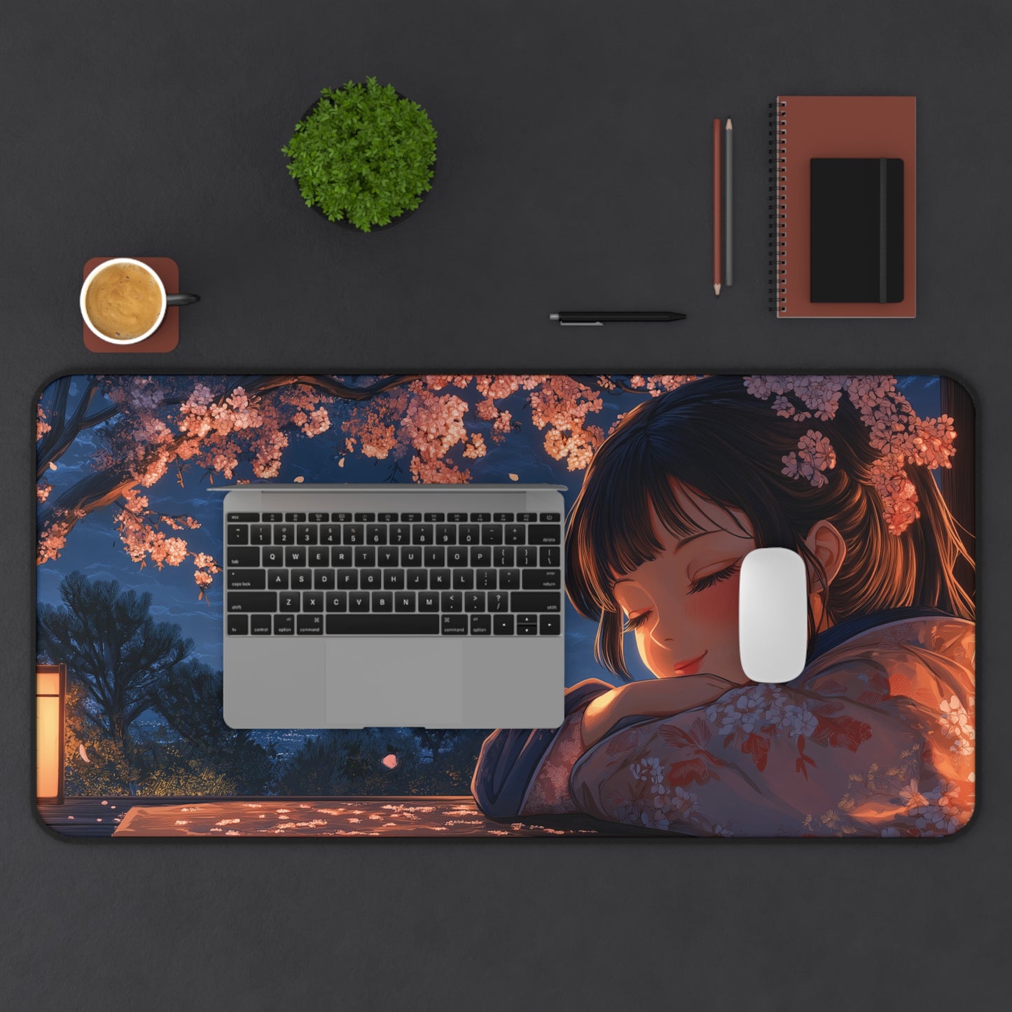 Japanese Girl Desk Mat Anime Style, Cherry Blossom Gaming Mousepad