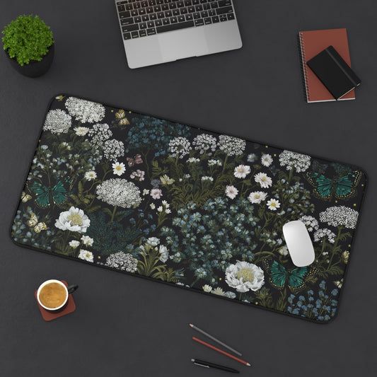 Dark Floral Desk Mat with Butterflies, Large Botanical Mouse Pad