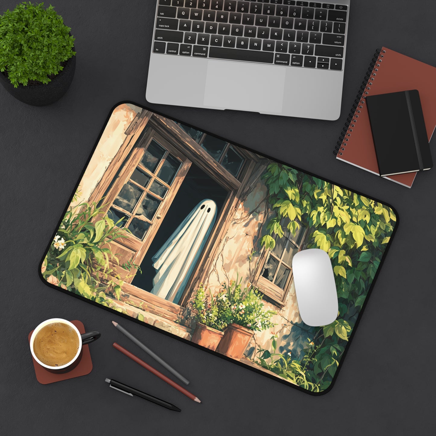 Ghost Cottage Desk Mat, Spooky & Cozy Halloween Vibes