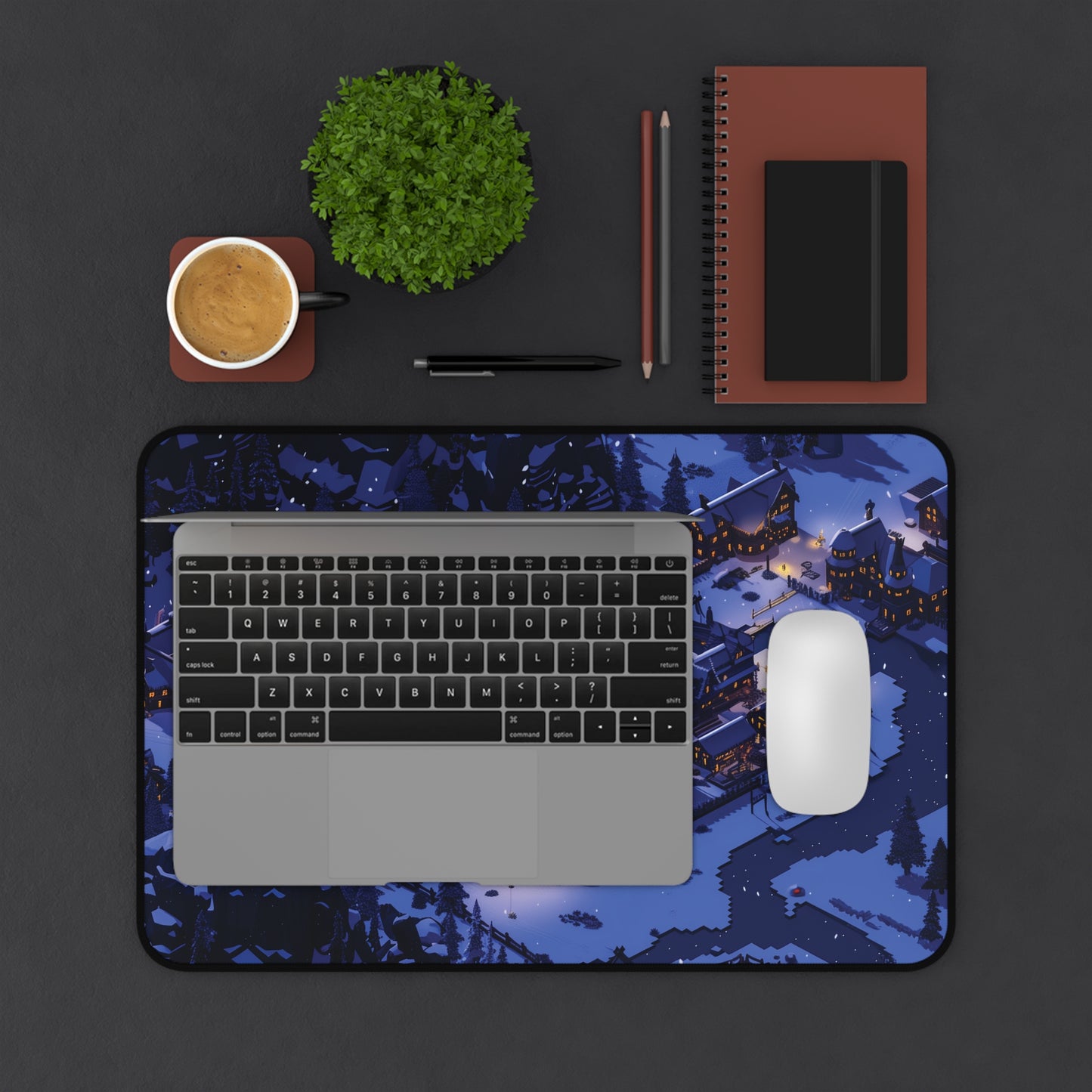 Pixel Art Snowy Winter Village Desk Mat, Christmas Mouse Pad