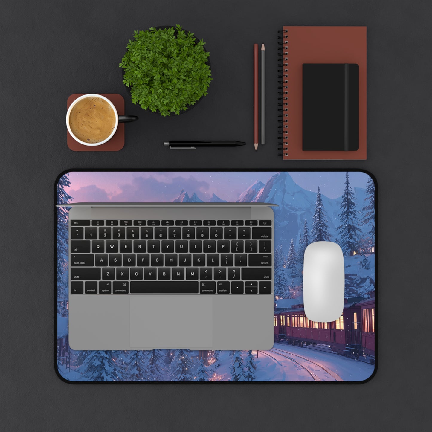 Christmas Winter Landscape Desk Mat, Red Train Desk Pad