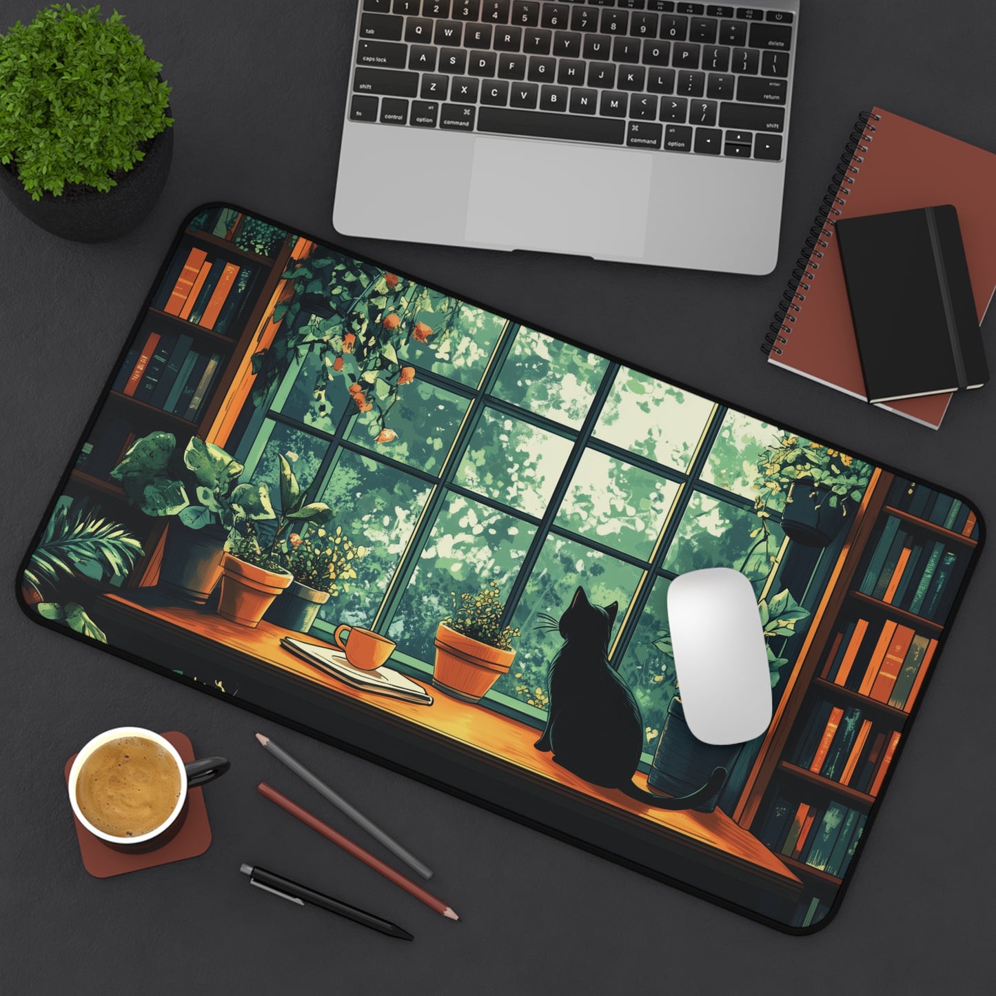 Books Plants and Cat Desk Mat, Cozy Large MousePad for Gaming or Office Decor