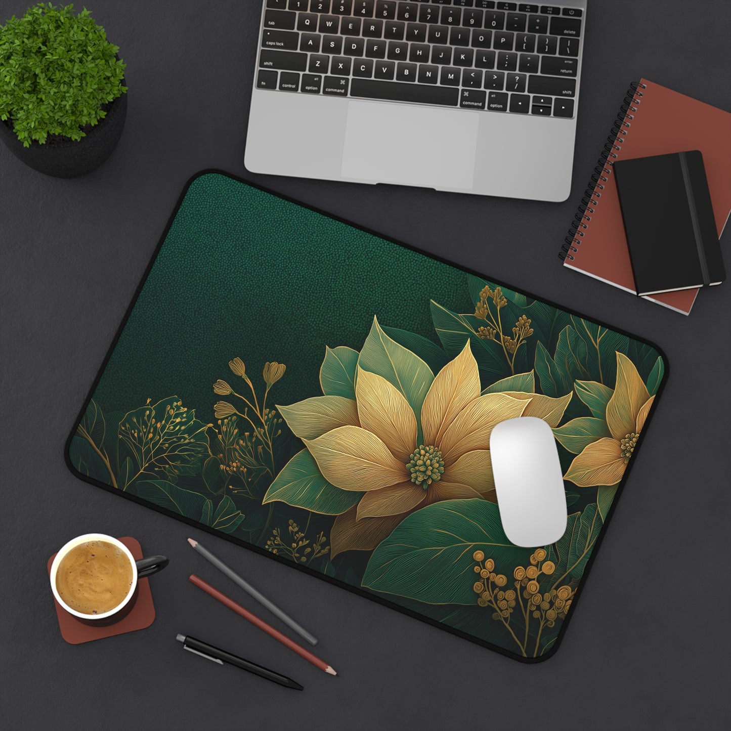 Floral Christmas Desk Mat, Green & Gold Festive Desk Pad