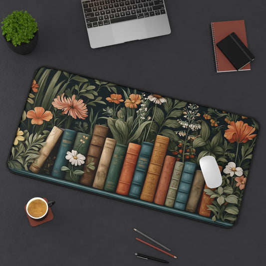 Bookshelf Desk Mat: Dark Academia Botanical Library Design