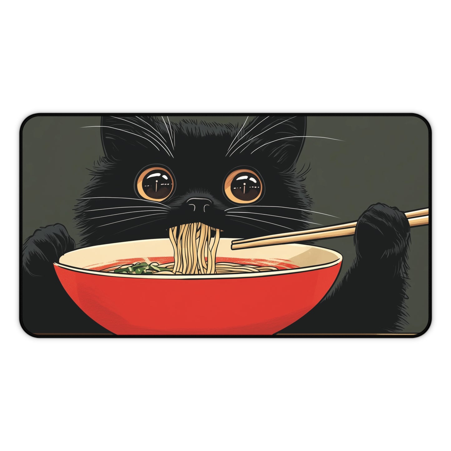 Black Cat Eating Ramen Desk Mat, Anime Mouse Pad for Cat Lovers