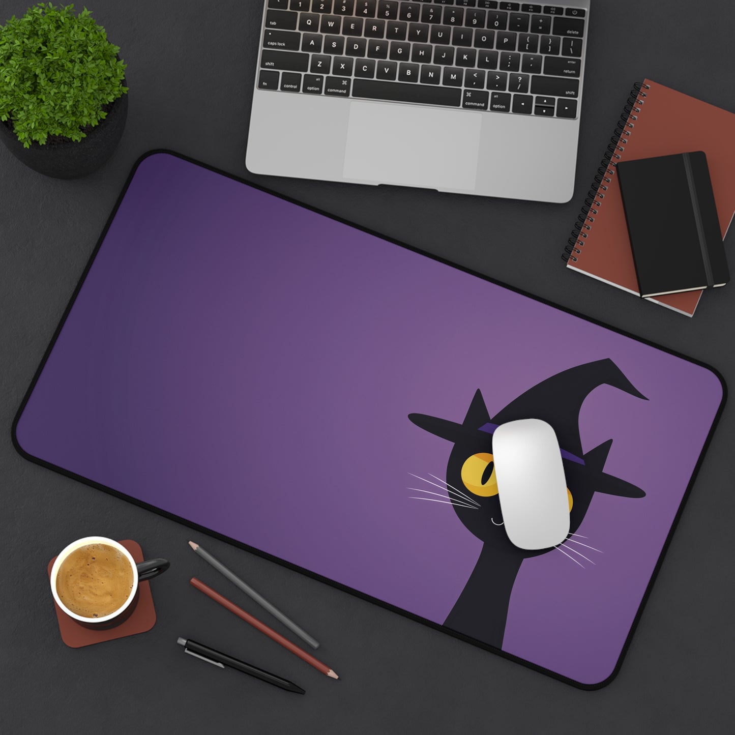 Spooky Cat Desk Mat, Purple Halloween MousePad XL
