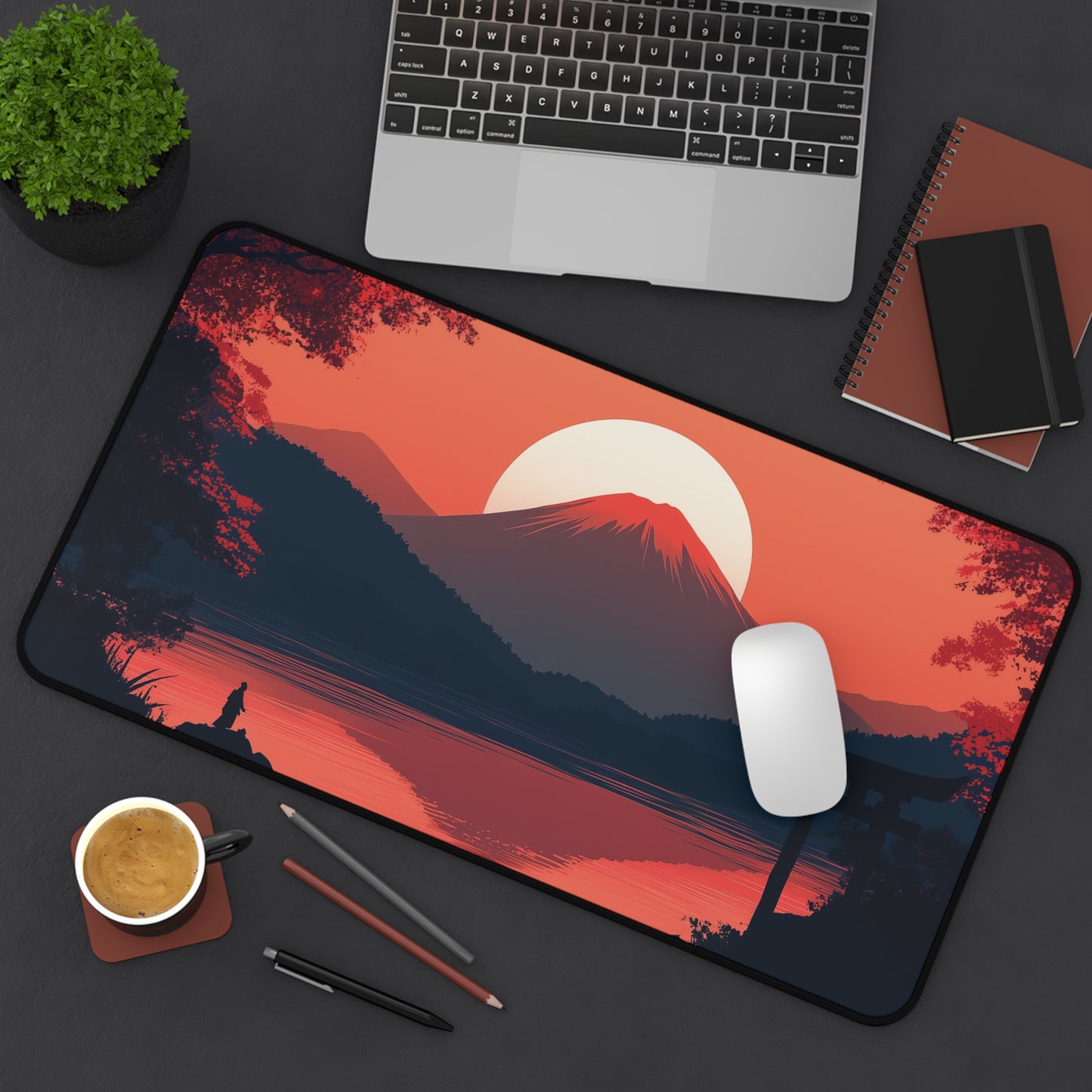 Japanese Landscape Desk Mat, Mountain and Samurai Gaming Desk Pad