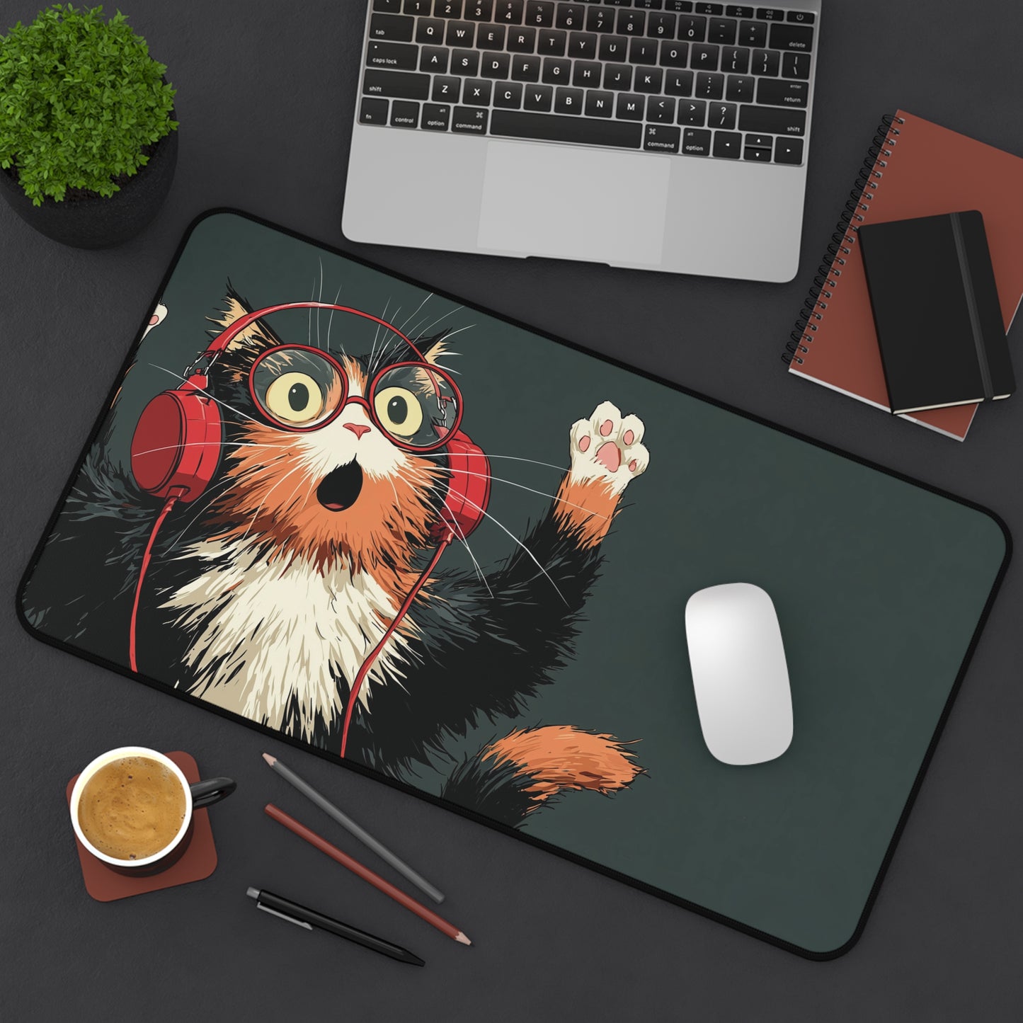 Cat with Headphones Desk Mat: Funny Calico Cat Mouse Pad
