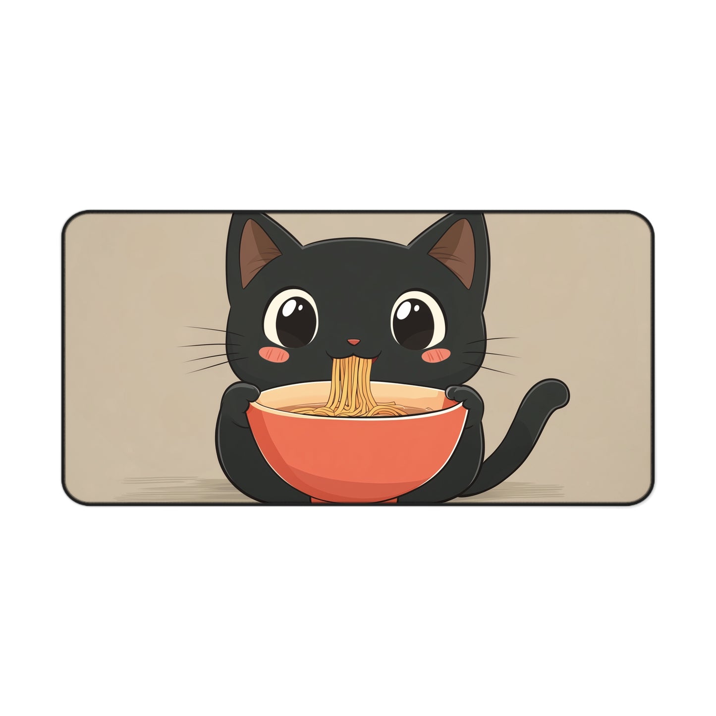 Cute Black Cat Desk Mat, Kawaii Mouse Pad for Cat Lovers, Black Cat Eating Ramen Desk Pad