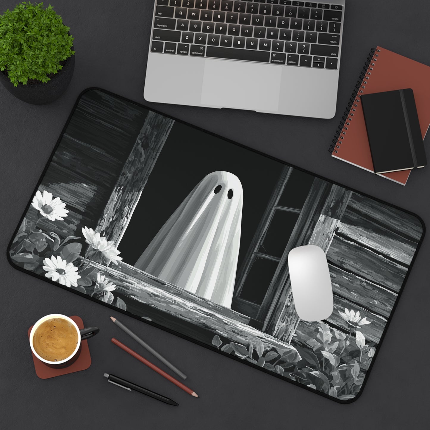 Black and White Ghost Desk Mat for Halloween Office Decor