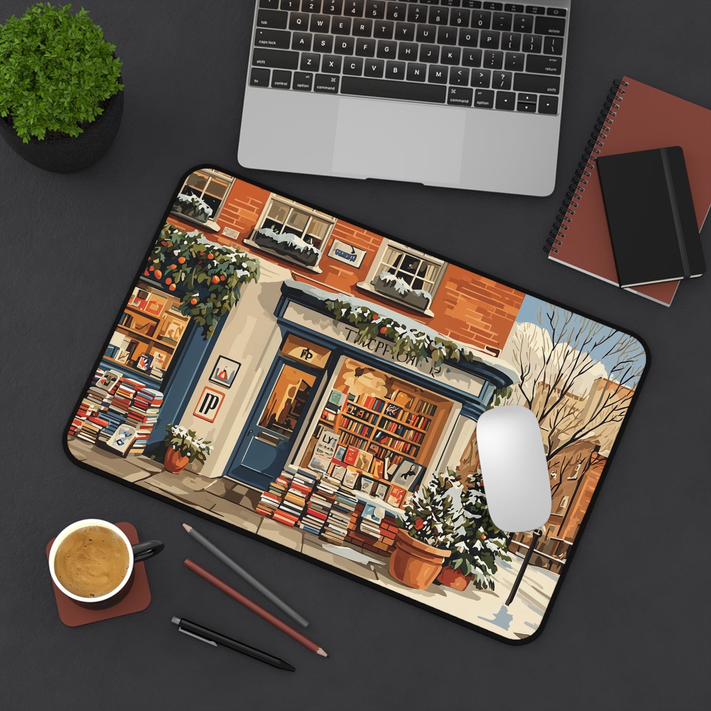 Cozy Winter Bookstore Desk Mat, Christmas Desk Decor