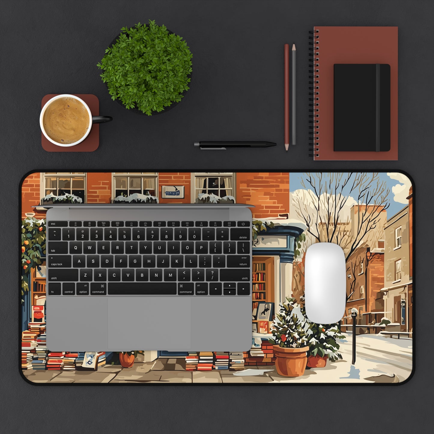 Cozy Winter Bookstore Desk Mat, Christmas Desk Decor