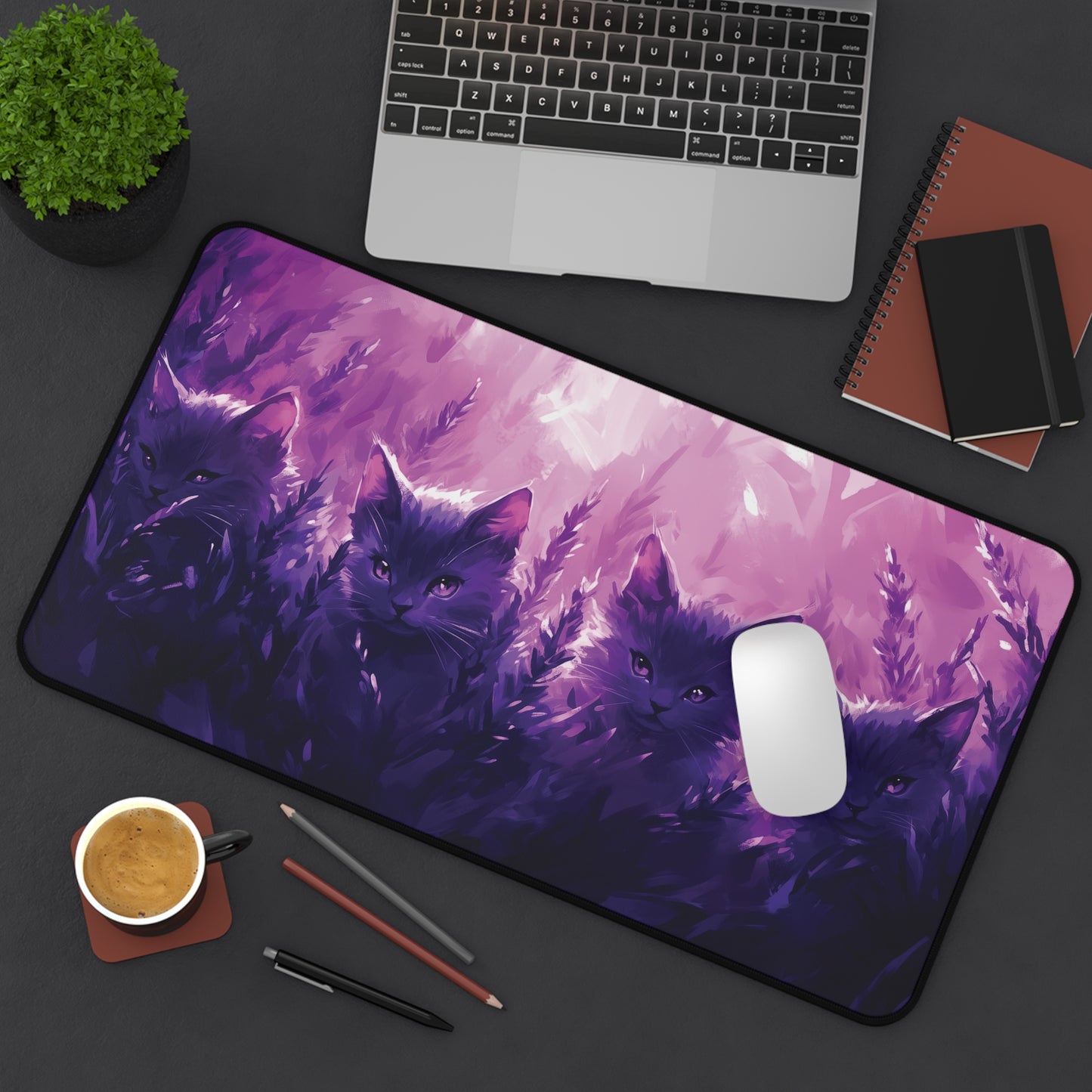 Lavander Cat Desk Mat, Aesthetic Purple Desk Pad, Mouse Pad for Cat Lovers