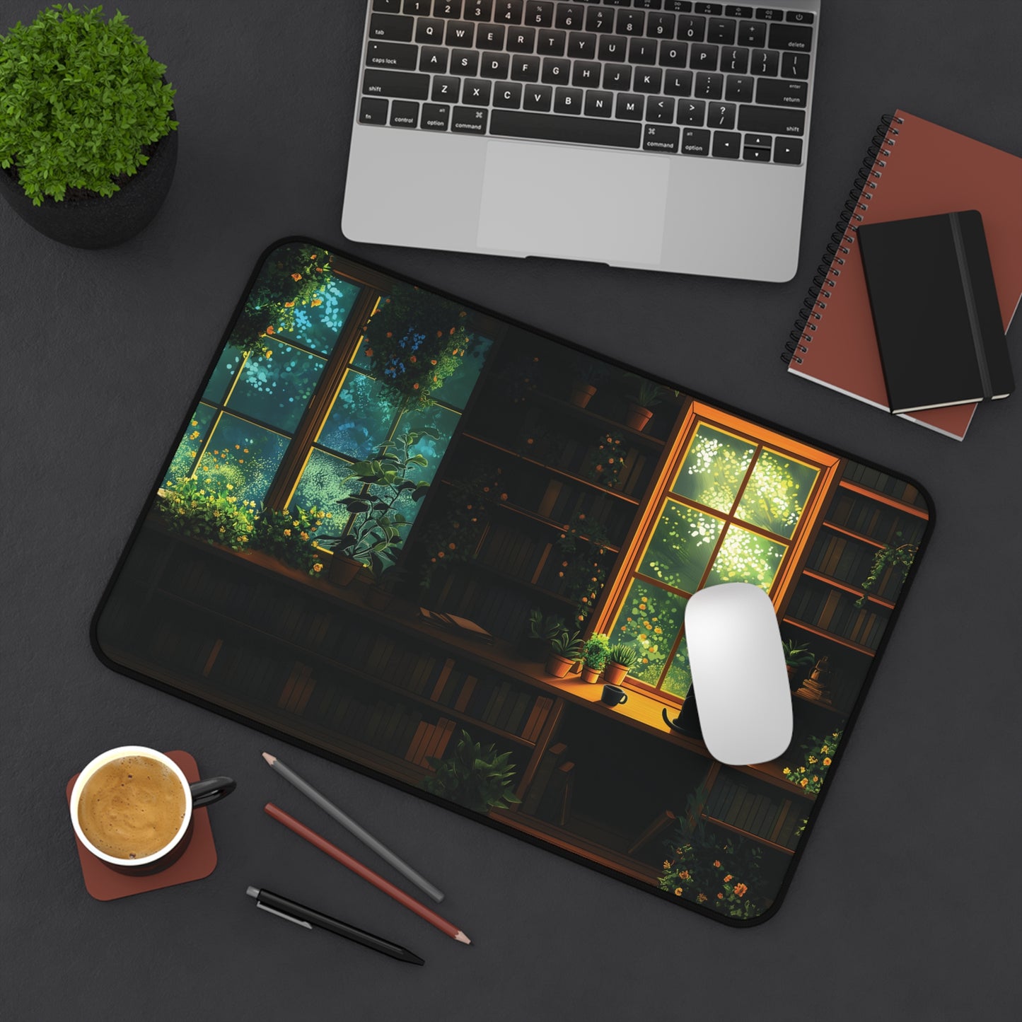 Cat Library Desk Mat, Cat and Plants Desk Pad, Dark Academia Keyboard Mat