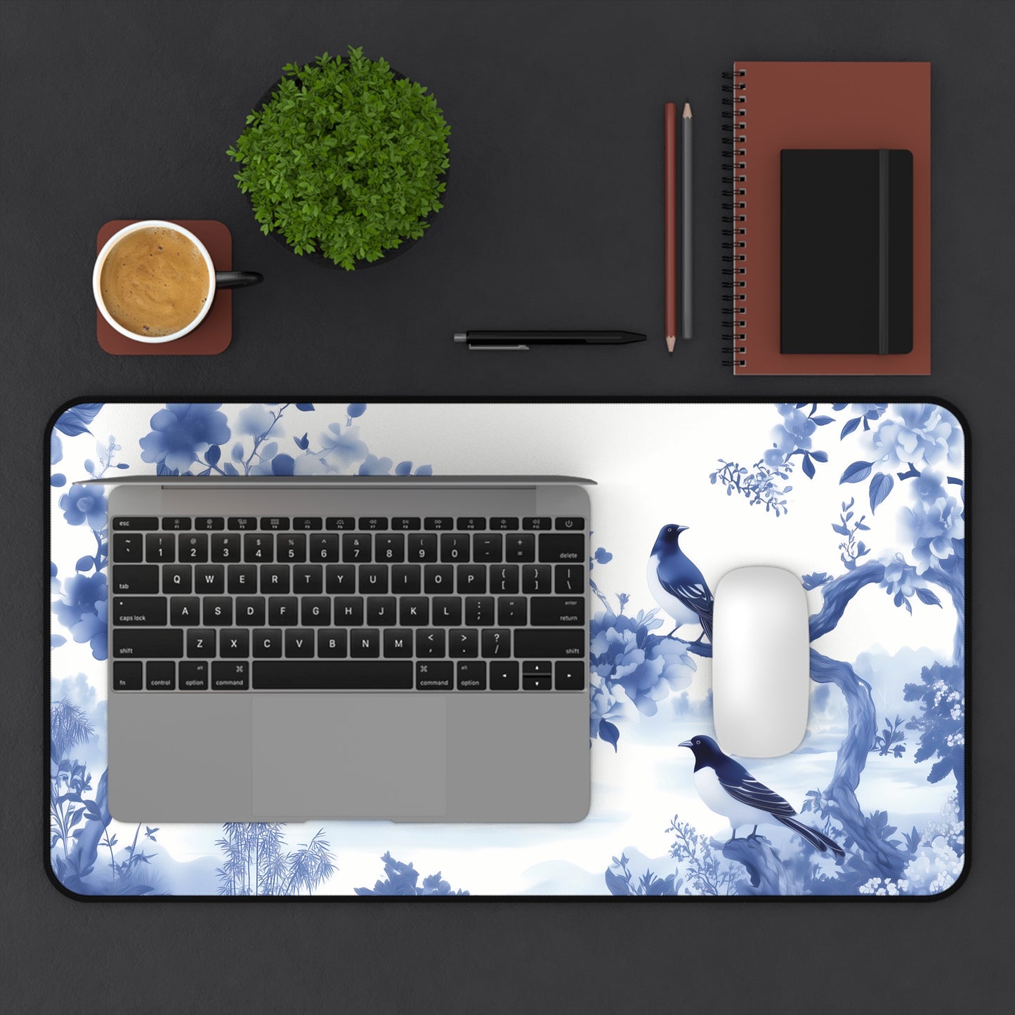 Floral Blue Landscape Chinoiserie Desk Mat