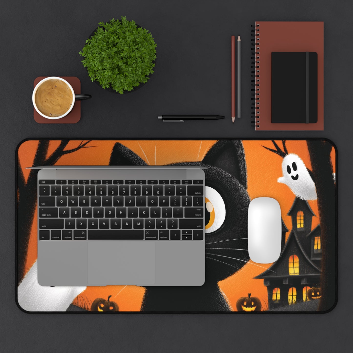 Spooky Black Cat with Ghosts Desk Mat for Halloween