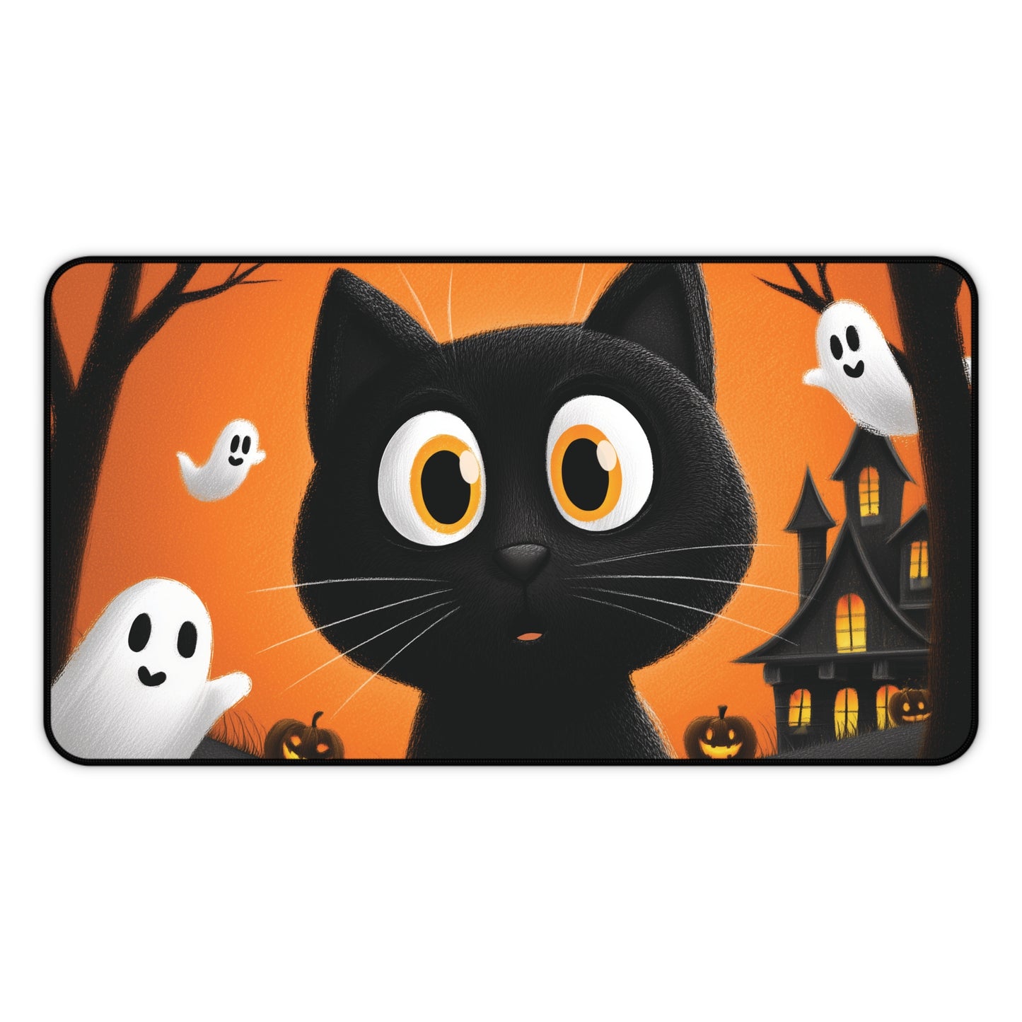 Spooky Black Cat with Ghosts Desk Mat for Halloween