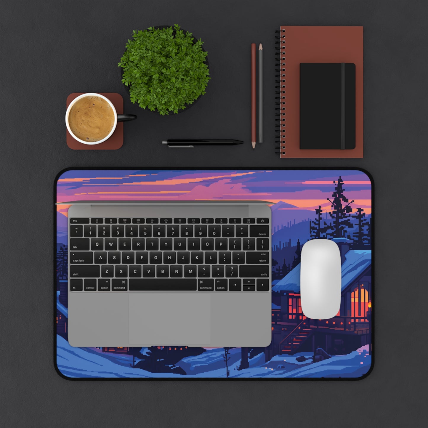Pixel Art Snowy Mountain Desk Mat, Christmas Office Decor