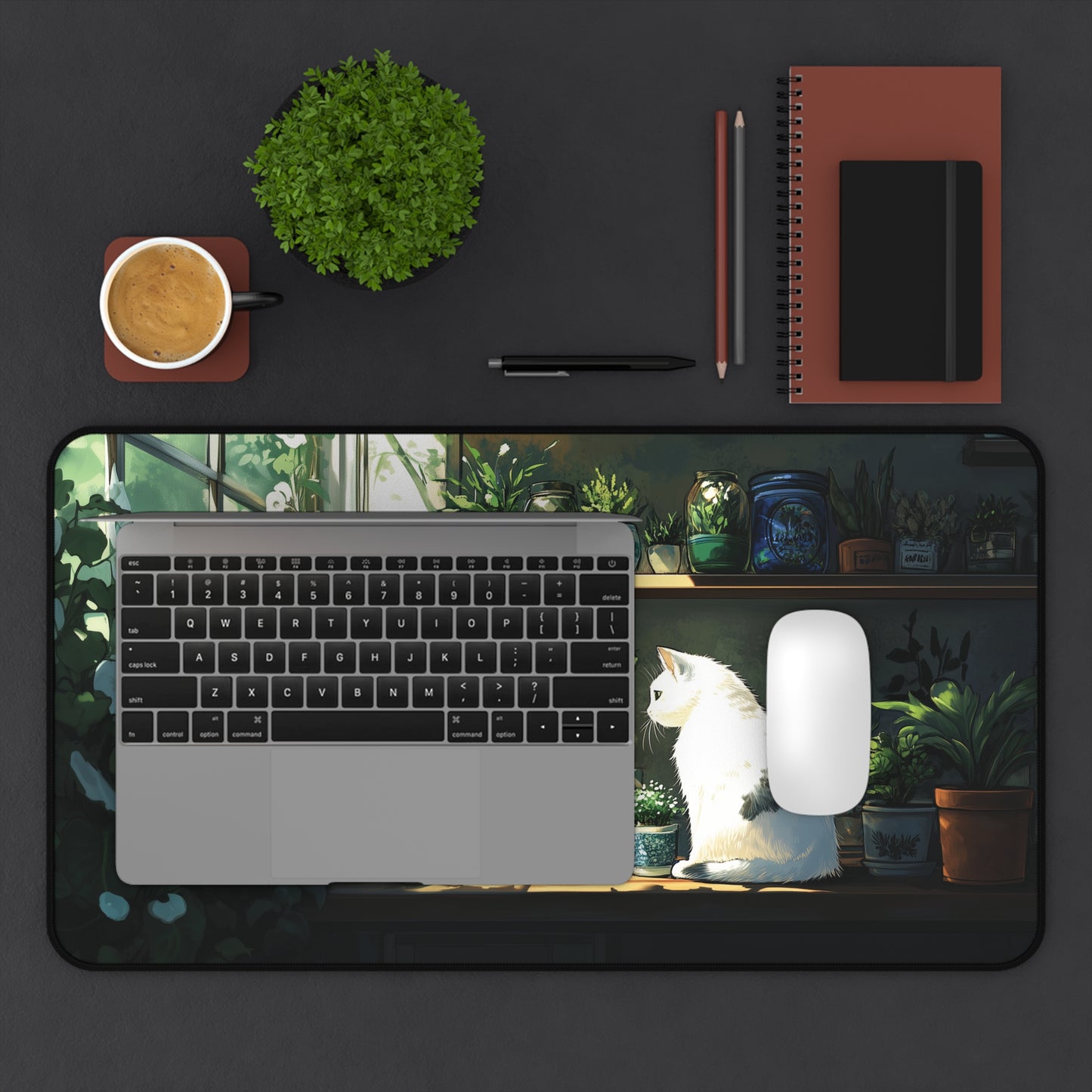 White Cat Desk Mat, Lofi Gaming Mouse Pad XL for Cat Lover