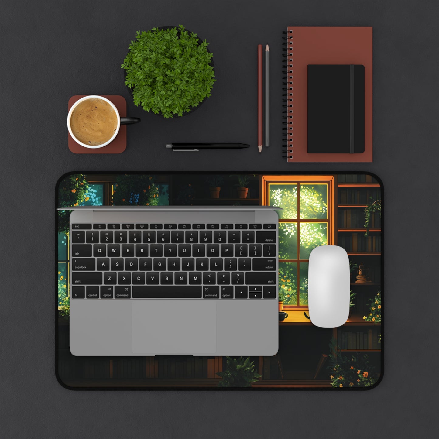 Cat Library Desk Mat, Cat and Plants Desk Pad, Dark Academia Keyboard Mat