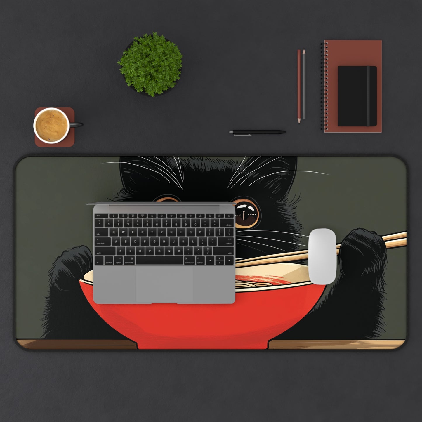 Black Cat Eating Ramen Desk Mat, Anime Mouse Pad for Cat Lovers