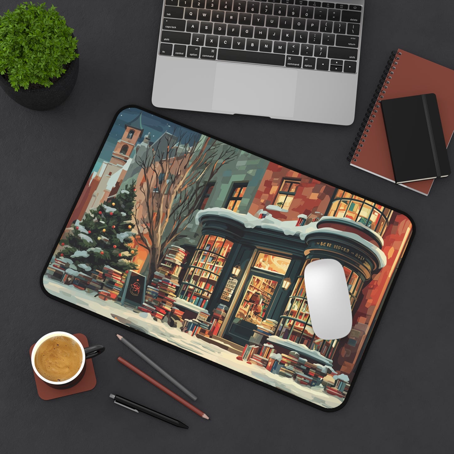 Winter Bookstore Desk Mat, Serene Christmas Desk Pad