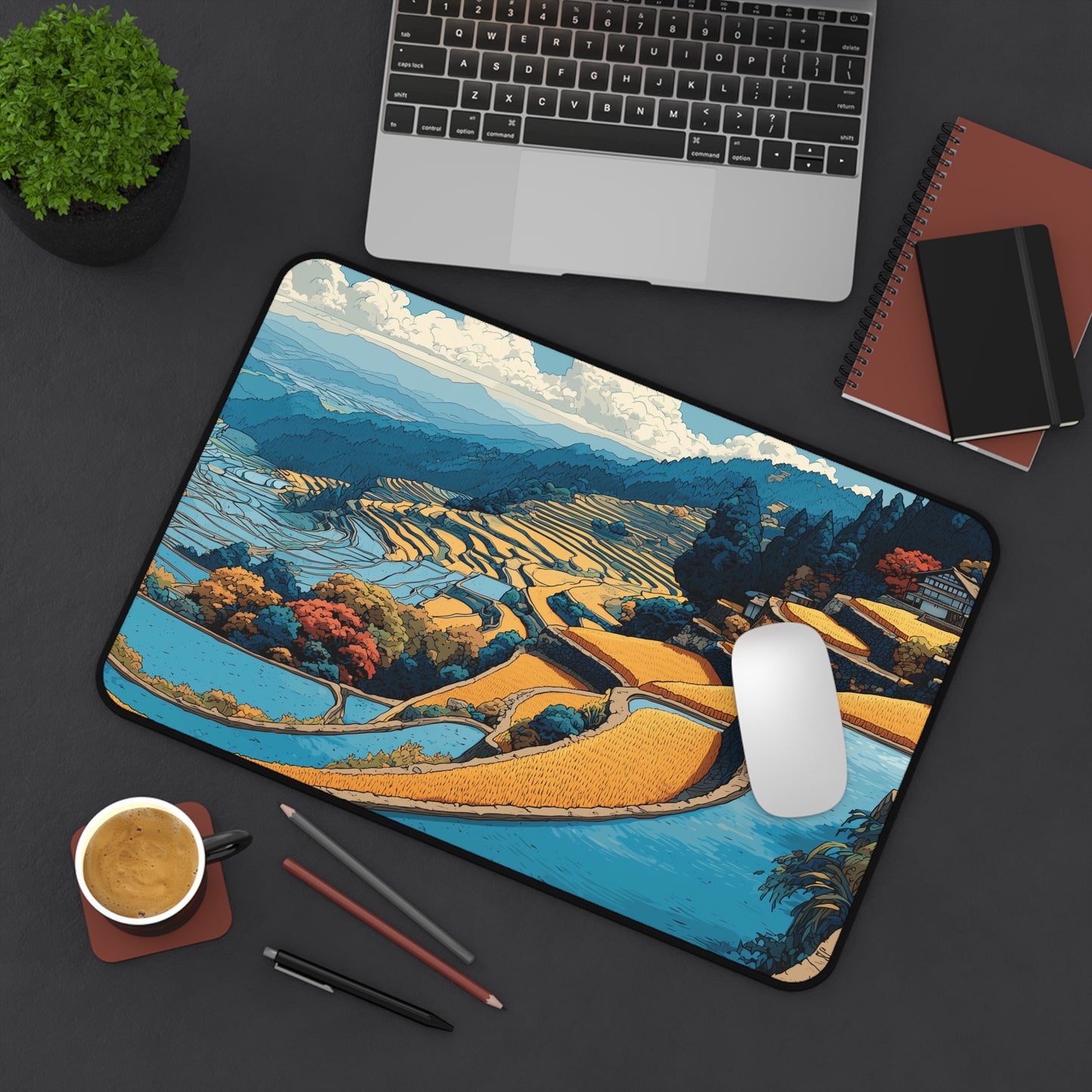 Japanese Desk Mat: Rice Fields Landscape Mouse Pad XL