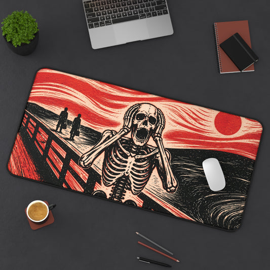 Desk mat with screaming skeleton illustration, red sunset lines, and dark night bridge background