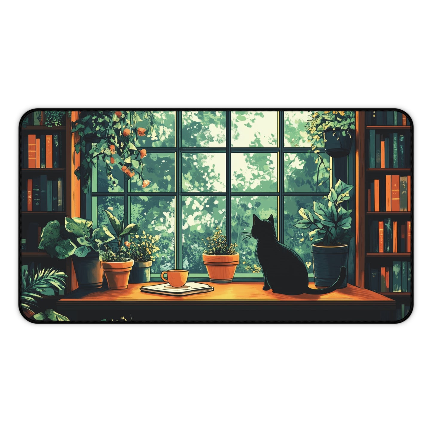 Books Plants and Cat Desk Mat, Cozy Large MousePad for Gaming or Office Decor