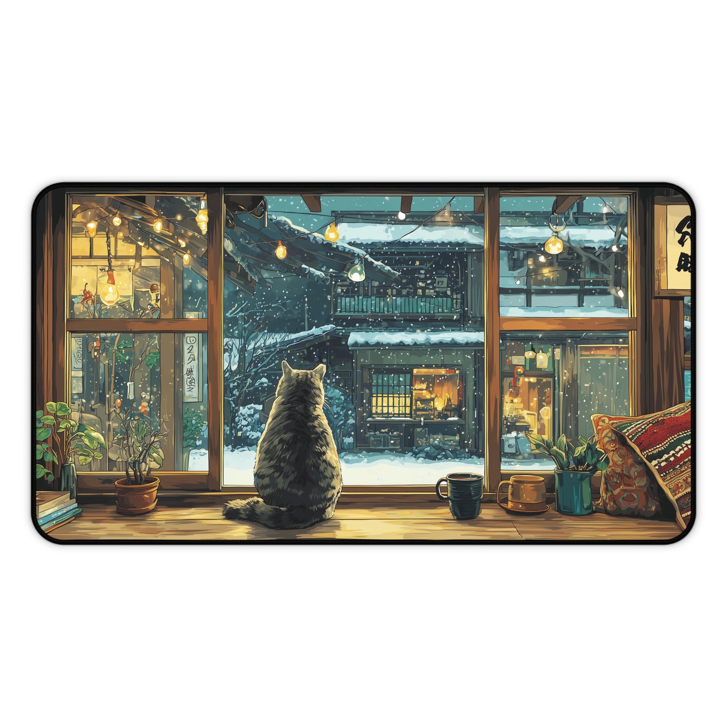 Cozy Cat Desk Mat, Anime Style Snowy Desk Pad for Cat Lovers
