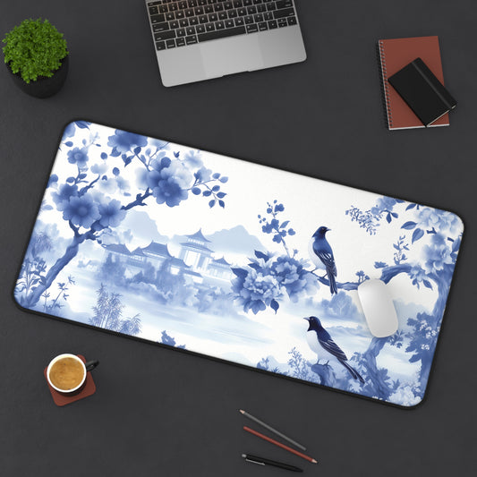 Floral Blue Landscape Chinoiserie Desk Mat