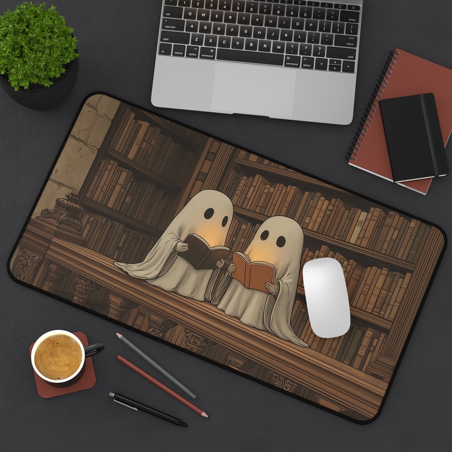 Bookworms Ghosts Desk Mat, Halloween Vibes Mouse Pad XL