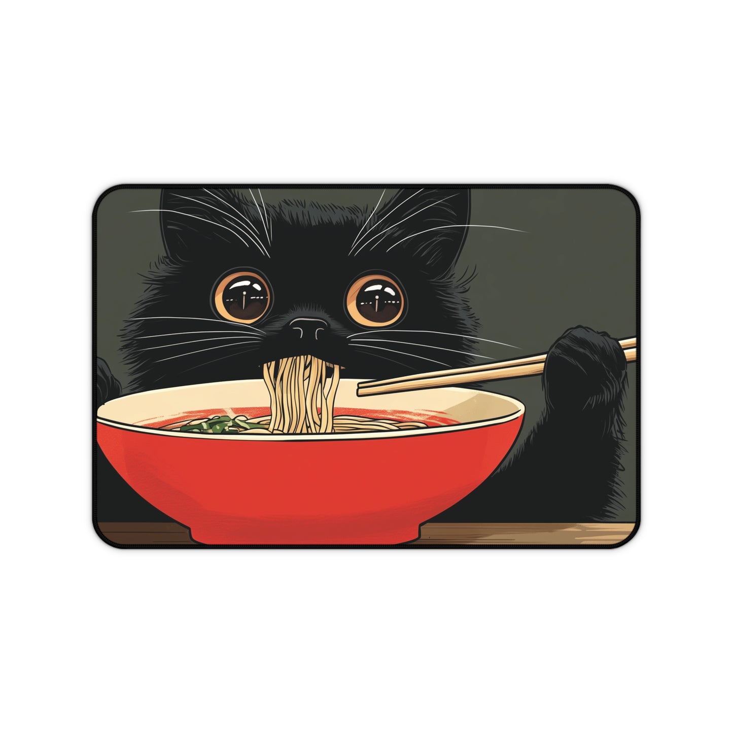 Black Cat Eating Ramen Desk Mat, Anime Mouse Pad for Cat Lovers