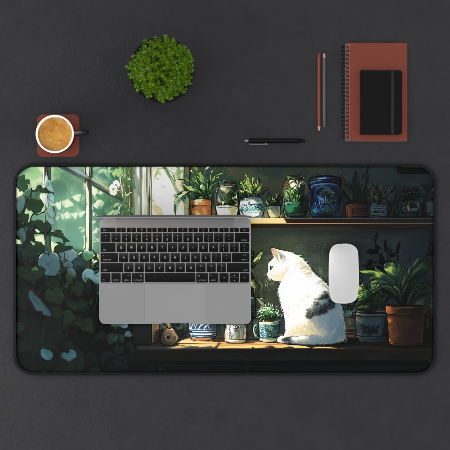 White Cat Desk Mat, Lofi Gaming Mouse Pad XL for Cat Lover