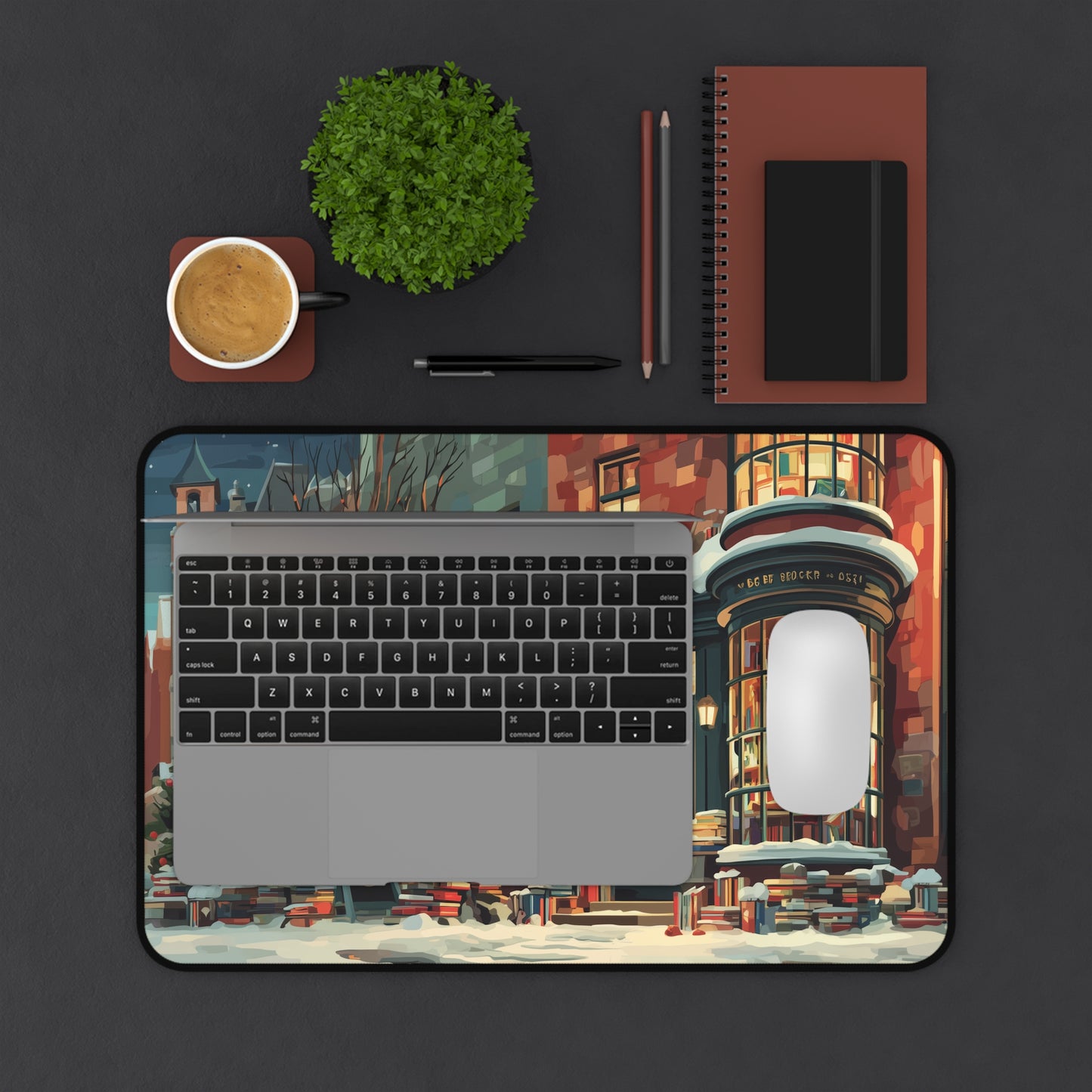Winter Bookstore Desk Mat, Serene Christmas Desk Pad