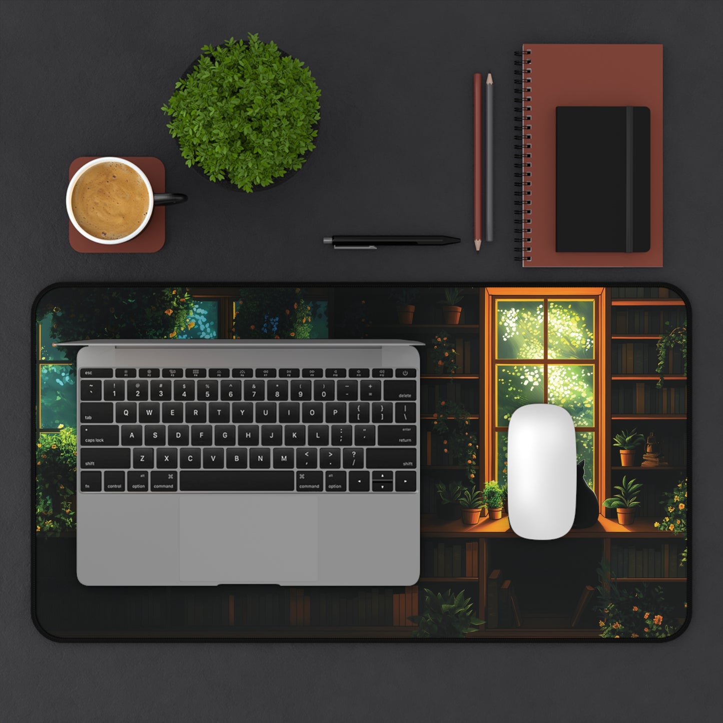 Cat Library Desk Mat, Cat and Plants Desk Pad, Dark Academia Keyboard Mat
