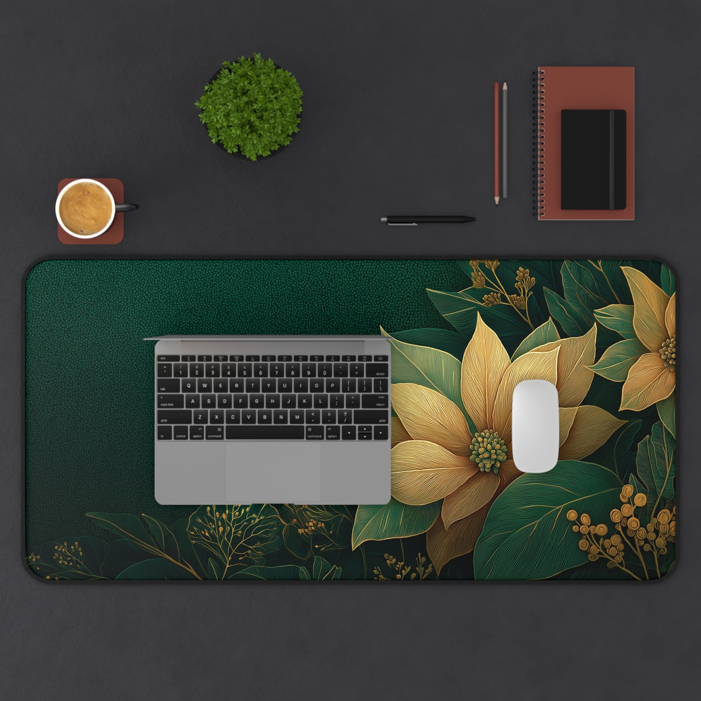 Floral Christmas Desk Mat, Green & Gold Festive Desk Pad