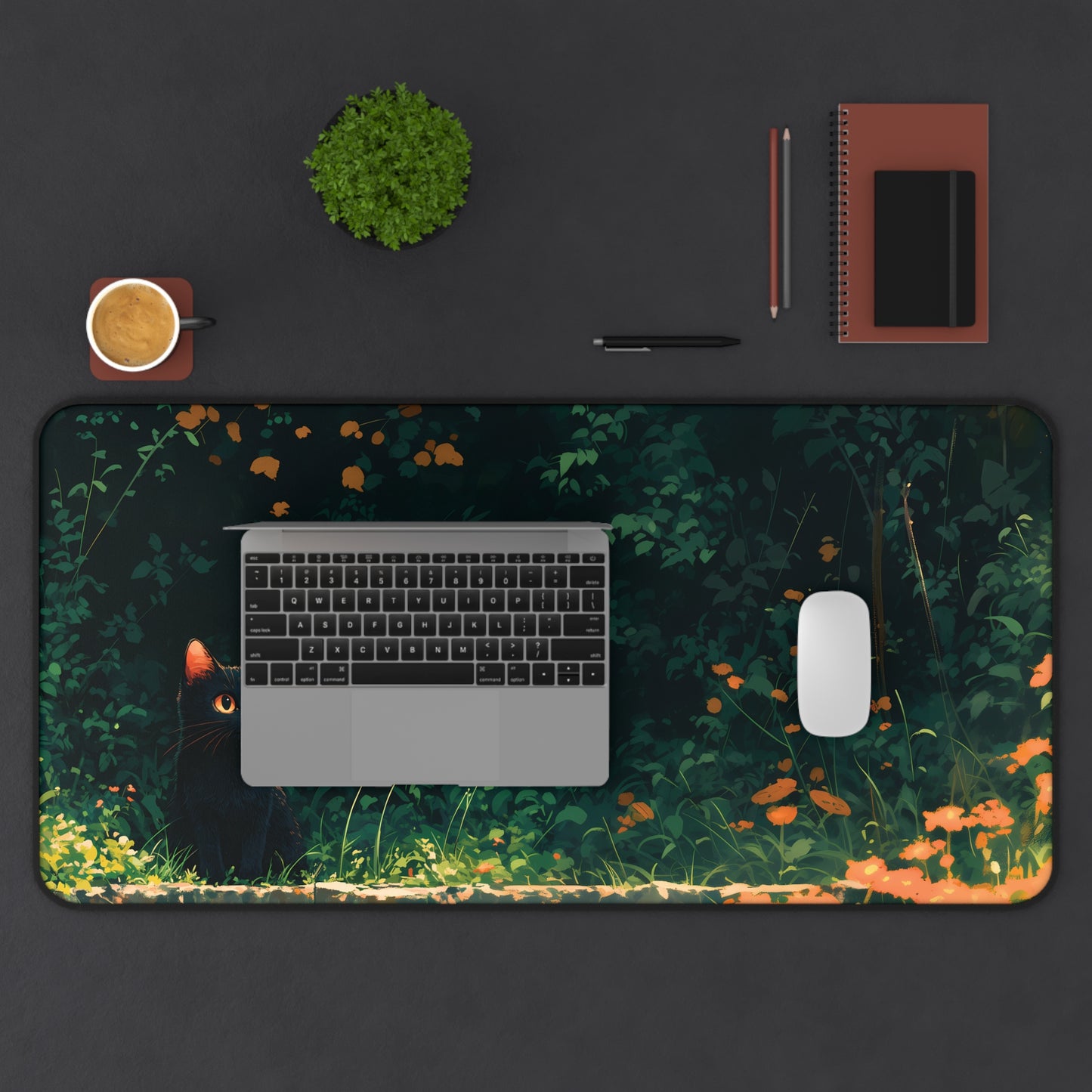 Dark Garden Desk Mat, Black Cat Mouse Pad Lofi, Aesthetic Plants Desk Pad