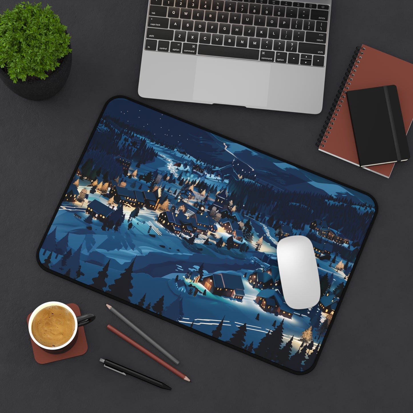 Snowy Christmas Town Desk Mat, Winter Desk Pad