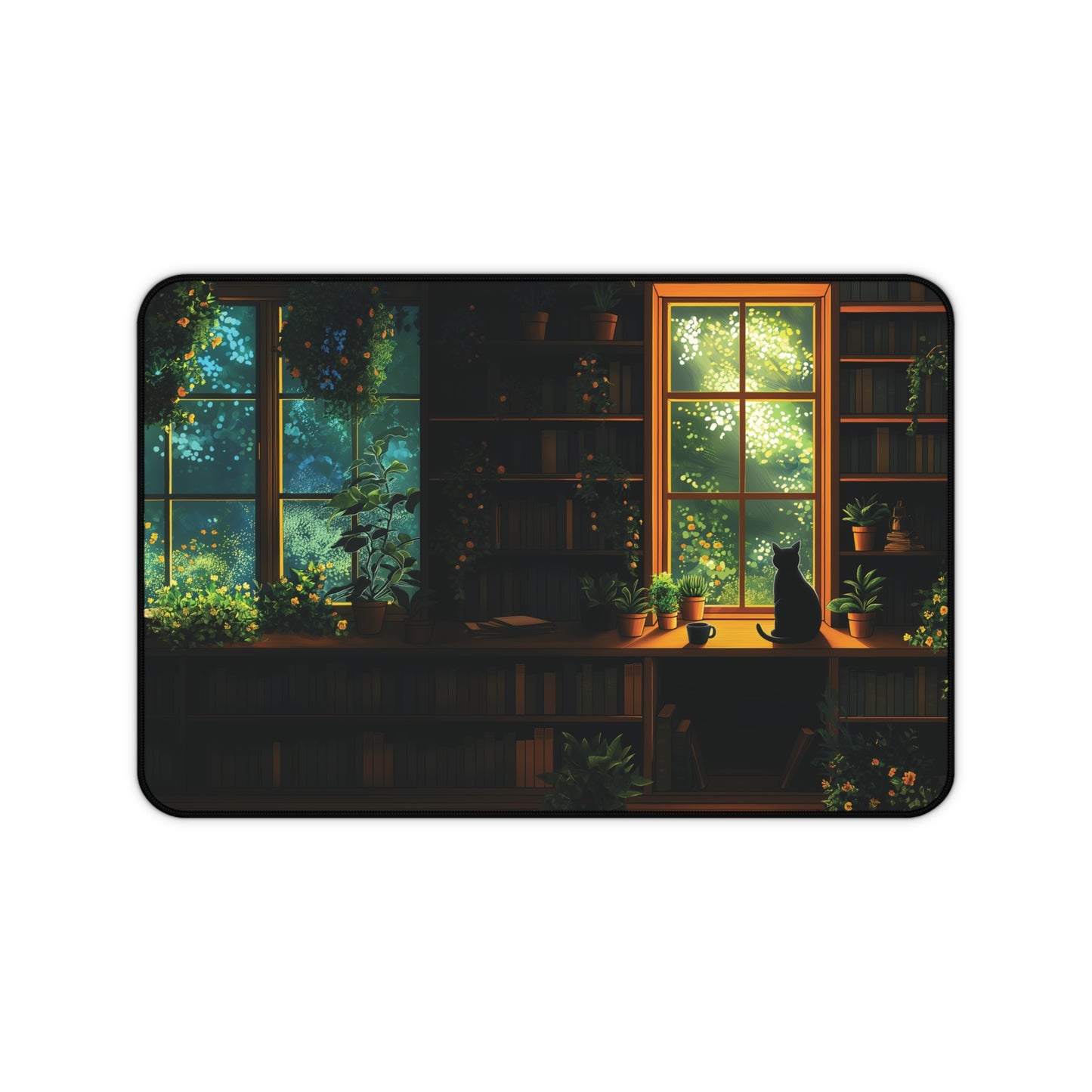 Cat Library Desk Mat, Cat and Plants Desk Pad, Dark Academia Keyboard Mat