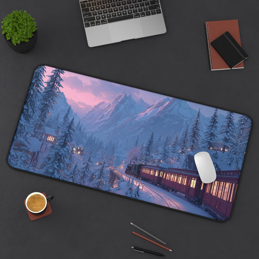 Christmas Winter Landscape Desk Mat, Red Train Desk Pad