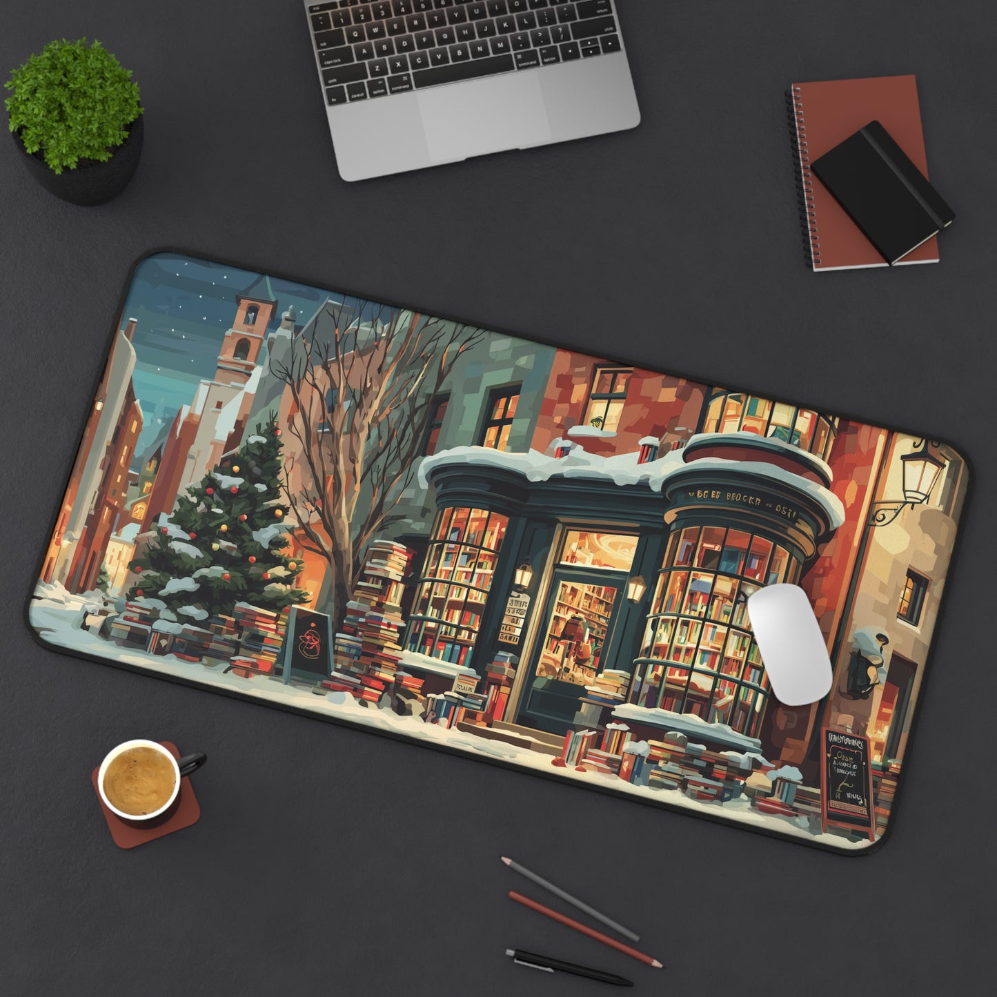 Winter Bookstore Desk Mat, Serene Christmas Desk Pad