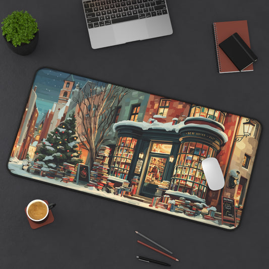 Winter Bookstore Desk Mat, Serene Christmas Desk Pad