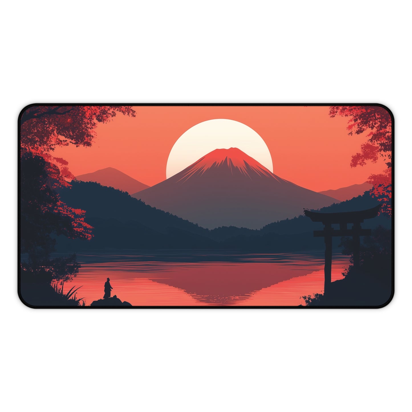 Japanese Landscape Desk Mat, Mountain and Samurai Gaming Desk Pad