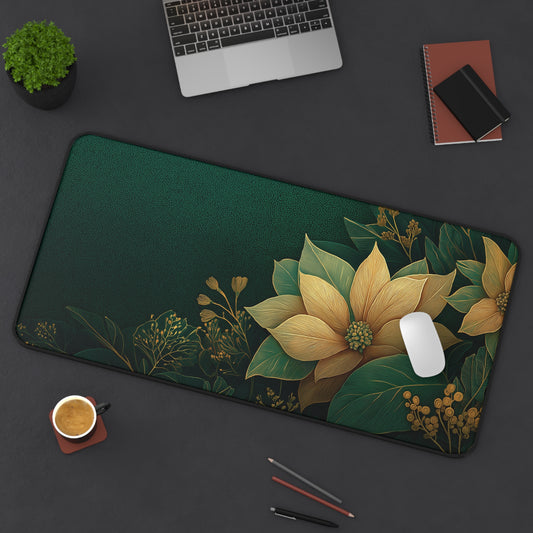 Floral Christmas Desk Mat, Green & Gold Festive Desk Pad