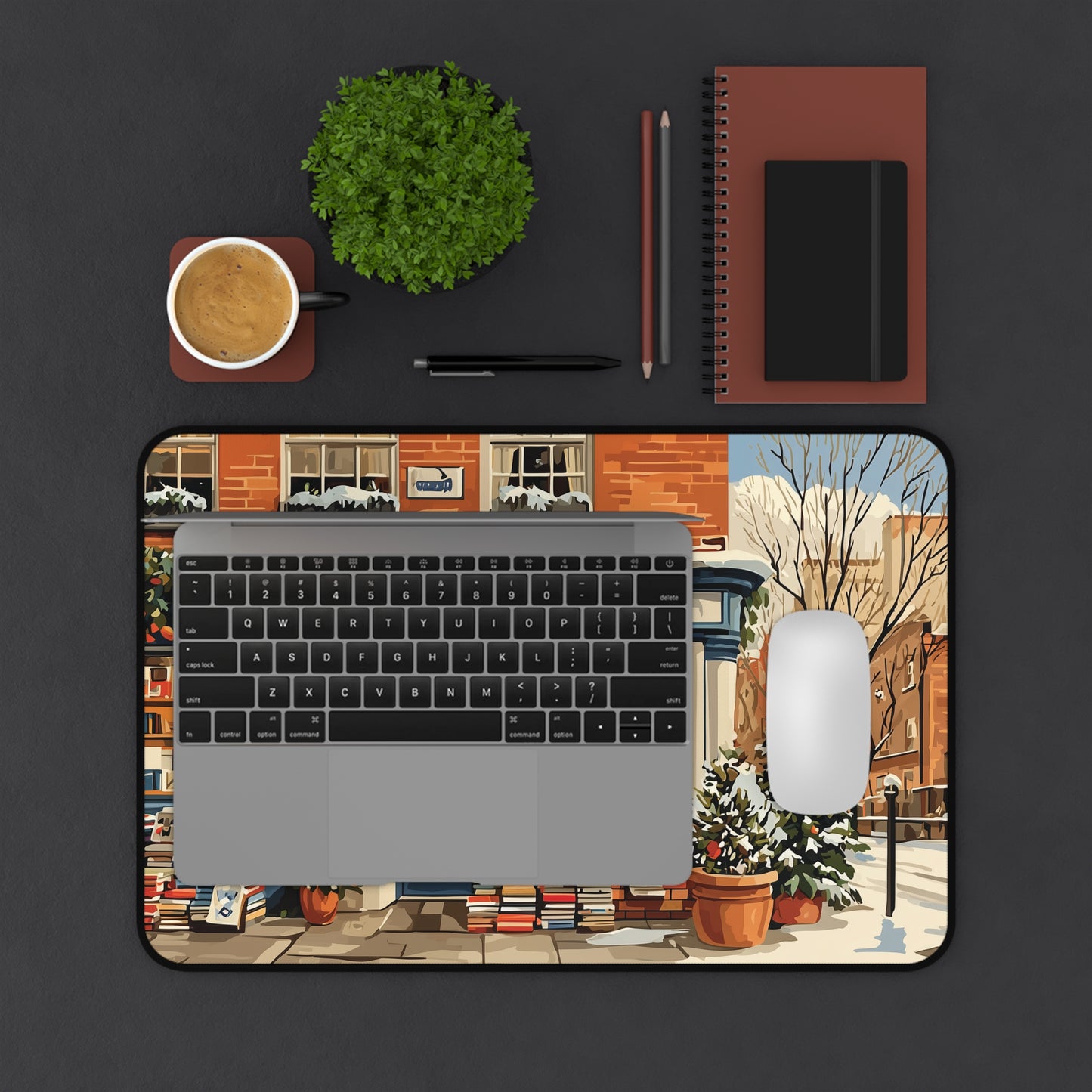 Cozy Winter Bookstore Desk Mat, Christmas Desk Decor