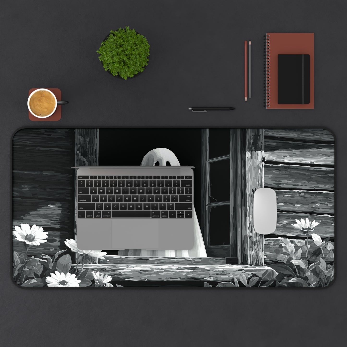 Black and White Ghost Desk Mat for Halloween Office Decor
