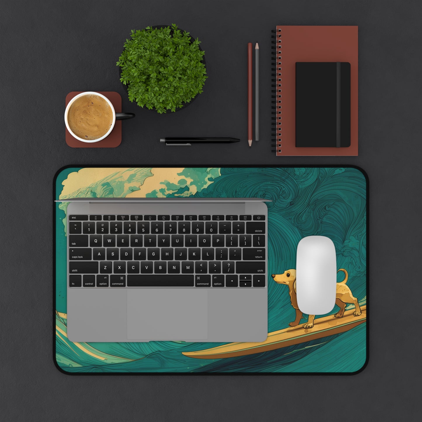 Surfing Dachshund Dog Ocean Wave Desk Mat