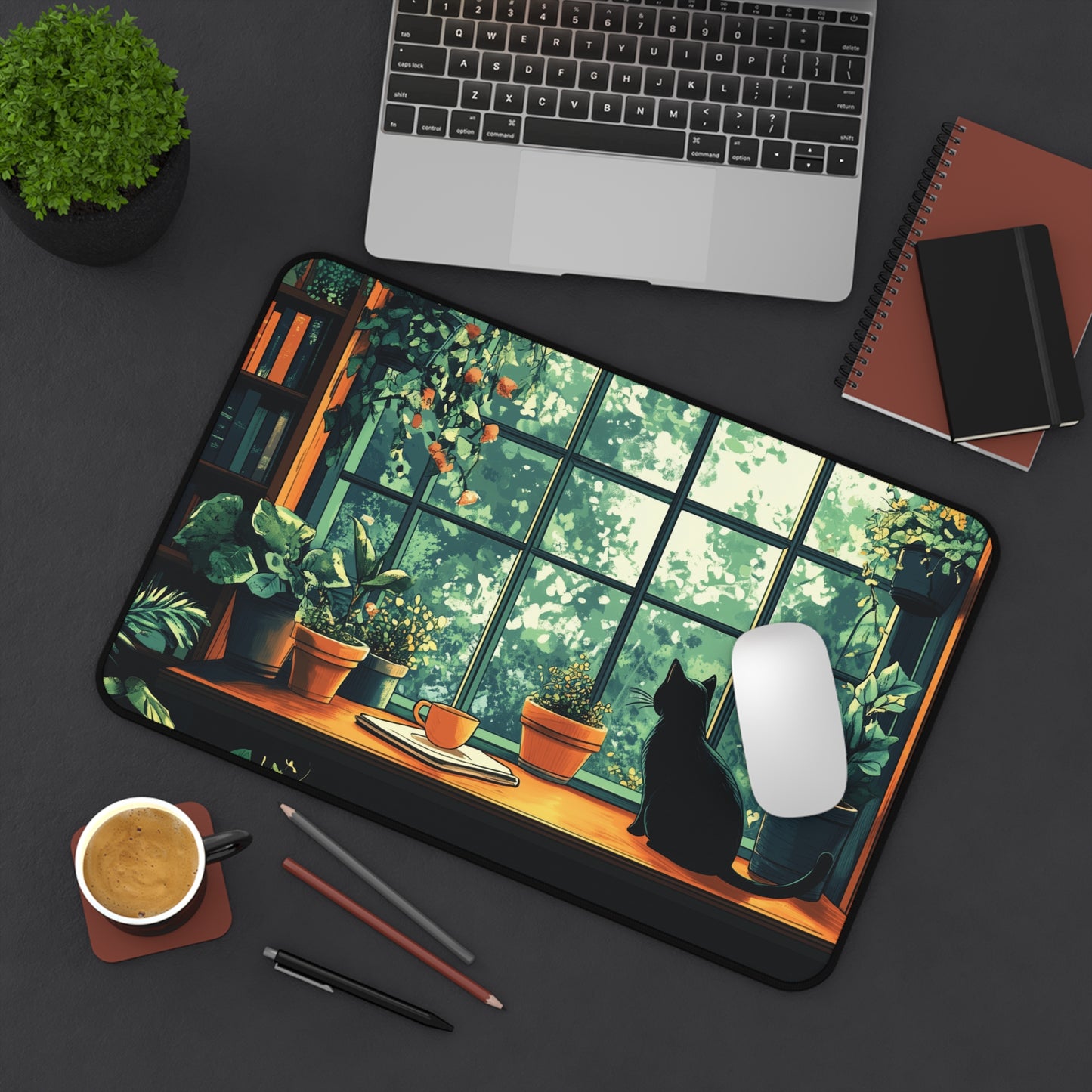 Books Plants and Cat Desk Mat, Cozy Large MousePad for Gaming or Office Decor