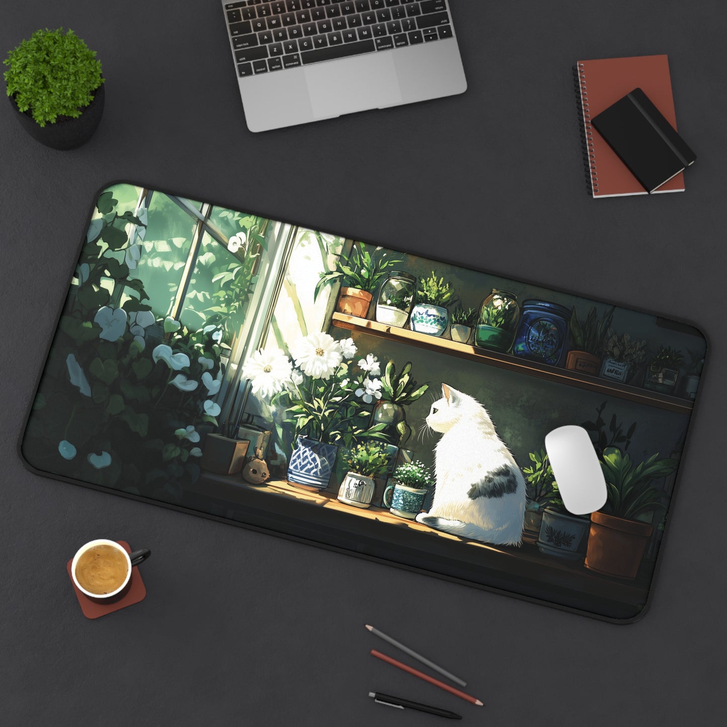 White Cat Desk Mat, Lofi Gaming Mouse Pad XL for Cat Lover